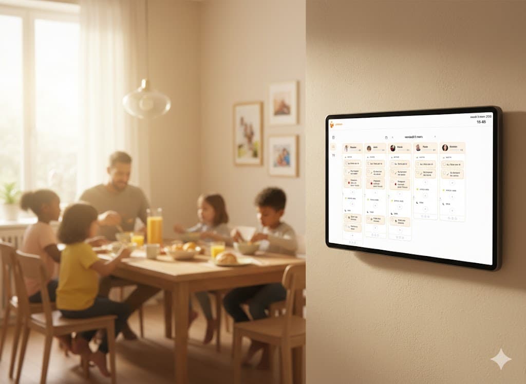 La tablette Polleen au mur, près d’une famille réunie autour du petit-déjeuner